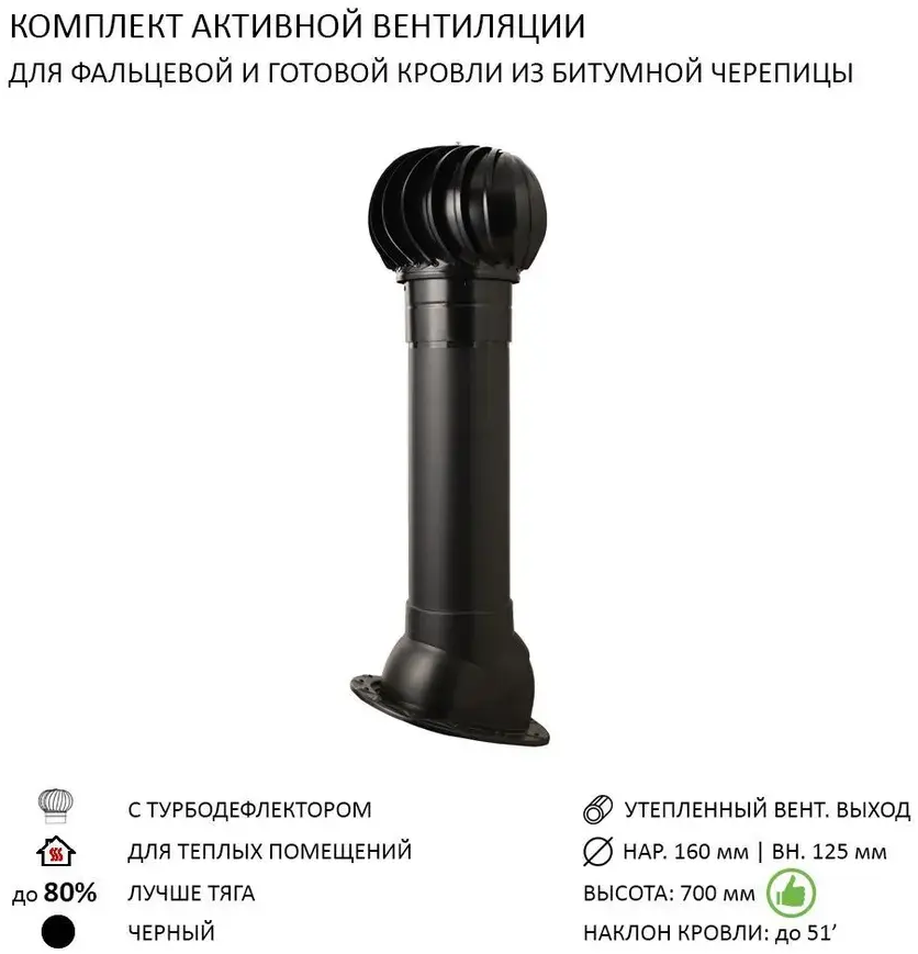 90757188 Турбодефлектор Polivent TD160 утепленный H-700 для скатной кровли цвет чёрный STLM-0370087