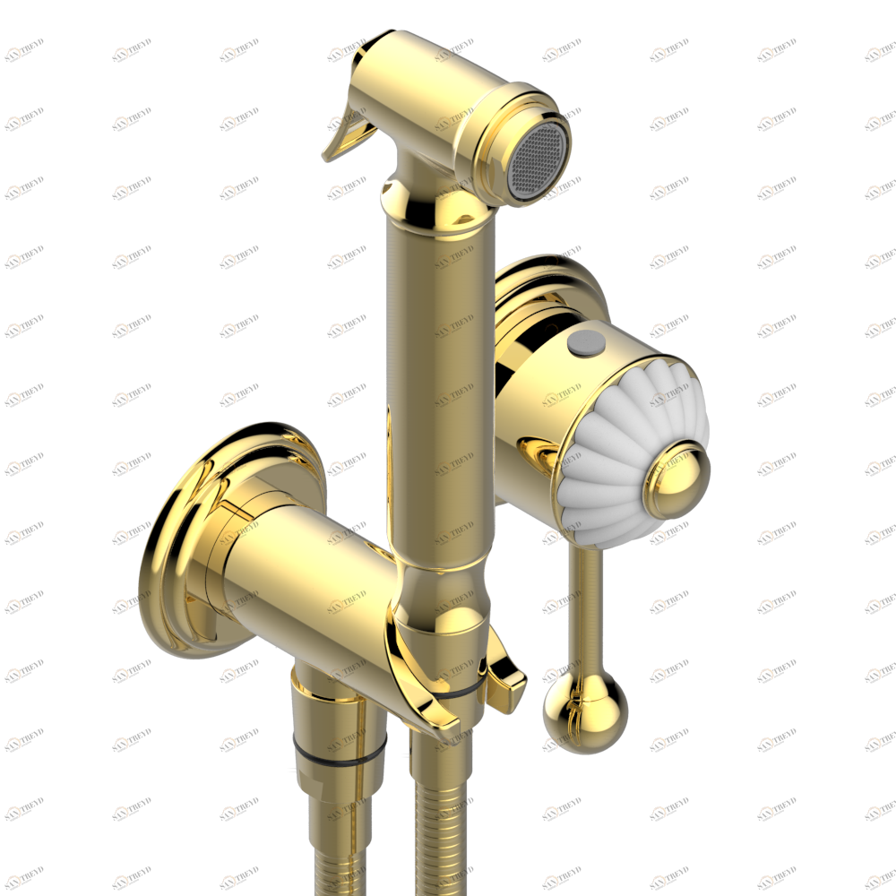 U1E-5840/MBG Комплект для душа, включающий смеситель, армированный шланг 1 м 25 см, ручной душ с курковым распылителем, выход из стены и предохранительный запорный клапан Thg-paris Mandarine с сатинированным хрусталём Золото U1E 5840/MBG CAT.F