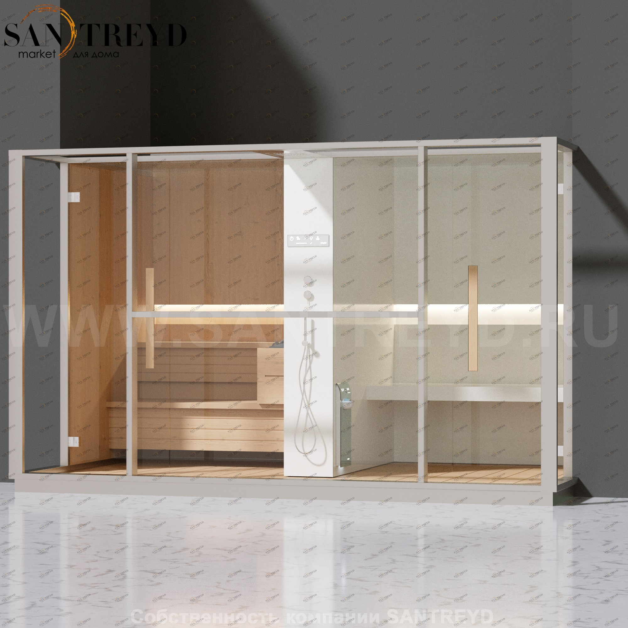 Effegibi LOGICA LO10020007 Комбинированная баня: хаммам и сауна. Установка: в полунишу. Мощность: 10,5 кВт макс. Размеры: длина 373 см, ширина 250 см. Отделка: канадский хемлок, матовый лакированный белый аллюминий и серый ламинат из керамогранита.