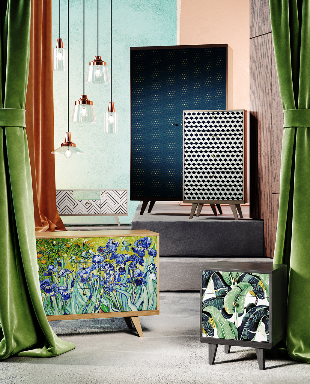 Тумба под телевизор с ящиком черный дуб с белым принтом Thimon THE IDEA  210232 Белый;черный  - Вид №3