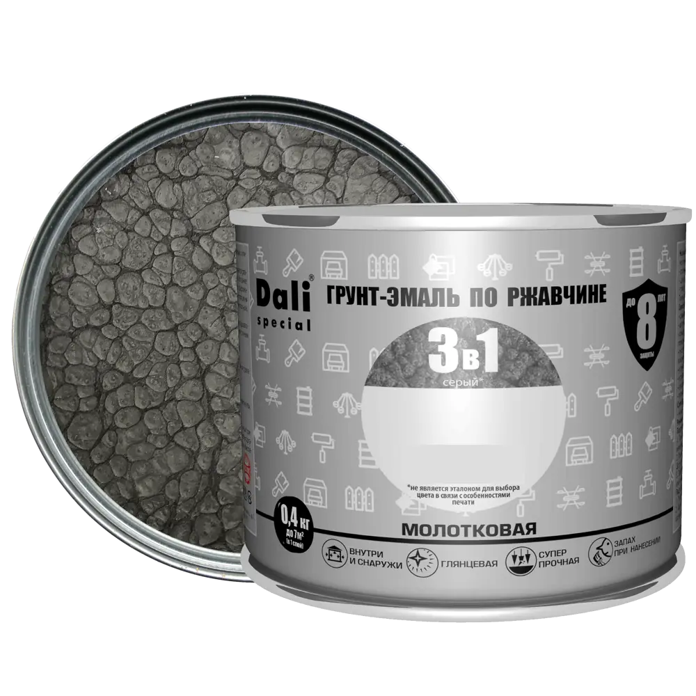 Грунт-эмаль Dali 3 в 1 молотковая серый 0,4 кг 83372506 STLM-0040614