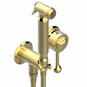 A54-5840/MBG Комплект для душа, включающий смеситель, армированный шланг 1 м 25 см, ручной душ с курковым распылителем, выход из стены и предохранительный запорный клапан Thg-paris Art Déco Покрытие PVD золотистый цвет