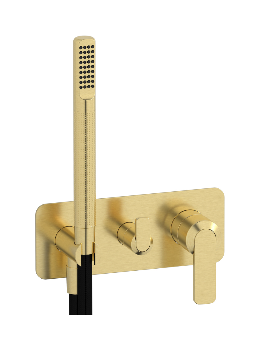 Внешние части встроенного в стену смесителя на 2 потребителя в комплекте с душевым гарнитуром. WE ARE IB c6313is Brushed Pale Gold C-67