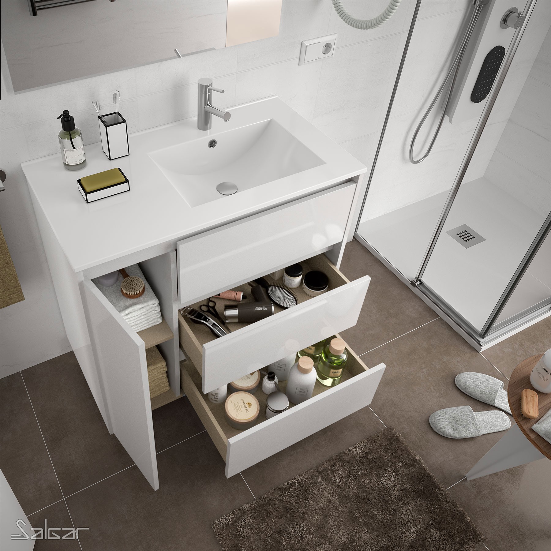 85126 SALGAR Комплект мебели для ванной ARENYS 855 левая дверь WHITE GLOSS LACQUERED + Раковина + Зеркало + Свет Глянцевый белый - Вид №1