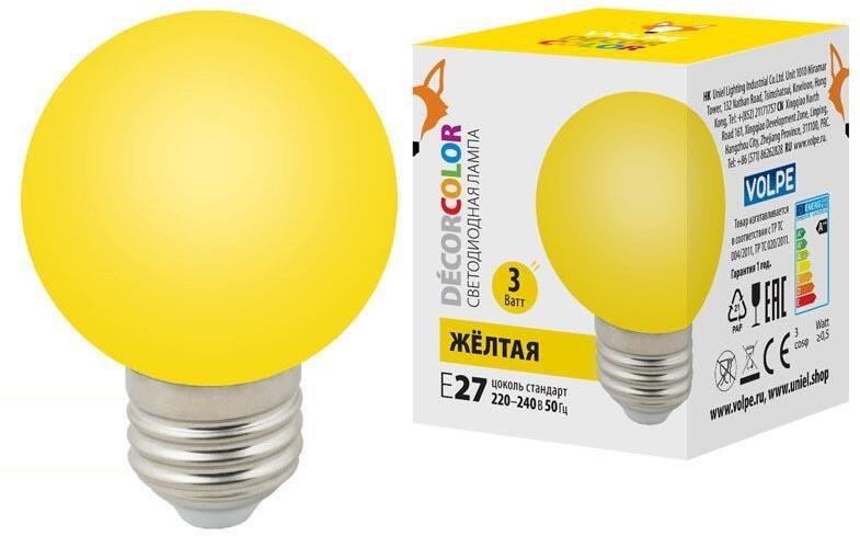 LED-G60-3W/Yellow/E27/FR/С Лампа светодиодная E27 3W желтая UL-00006961 Volpe LED-G60