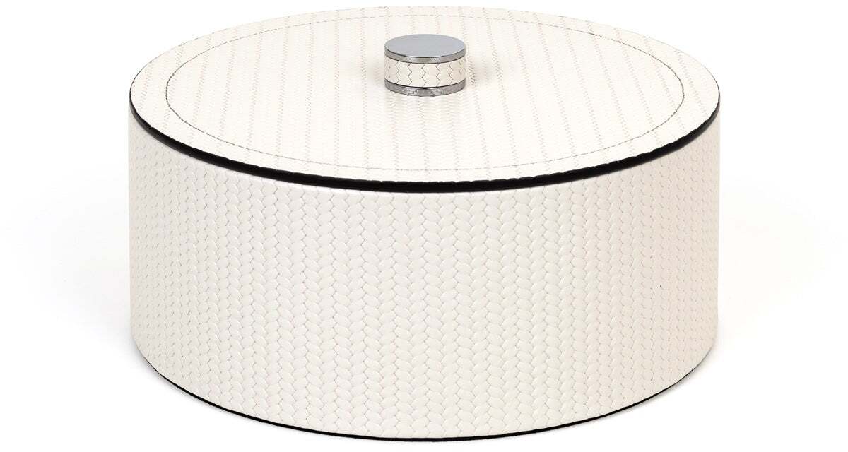 Круглая коробка Lucy - Ø 17XH13 см / металлическая отделка_хром / зернистая кожа_кофе