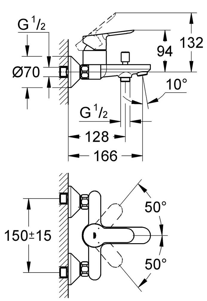 Смеситель для ванны GROHE BauEdge, хром (32820000) - Вид №3