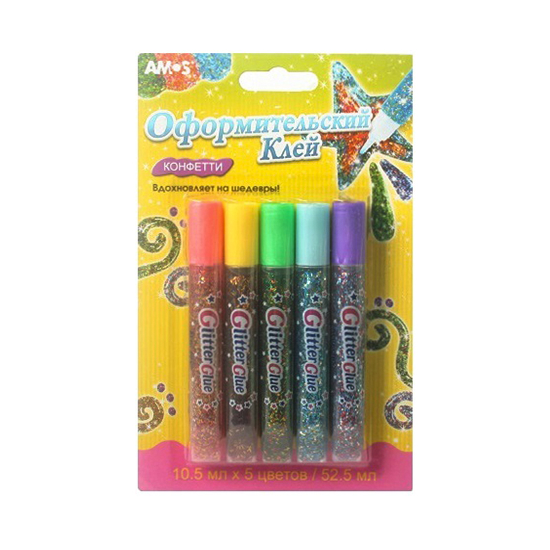 20630 Клей оформительский "Конфетти", 5 цветов по 10,5 мл в блистере. 12/192 AMOS 
