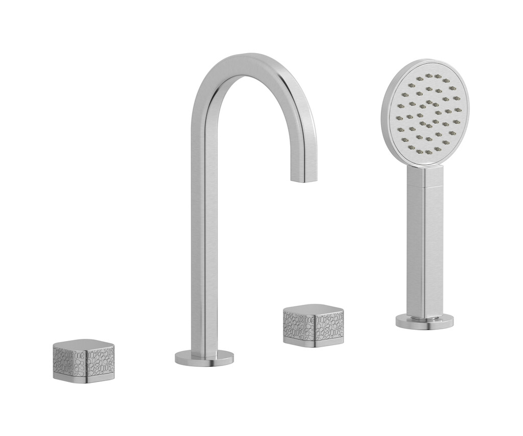 Смеситель на бортик ванной на 4 отверстий с дивертером и душевым гарнитуром. WE ARE IB eo396ss_2 Brushed Nickel Elio