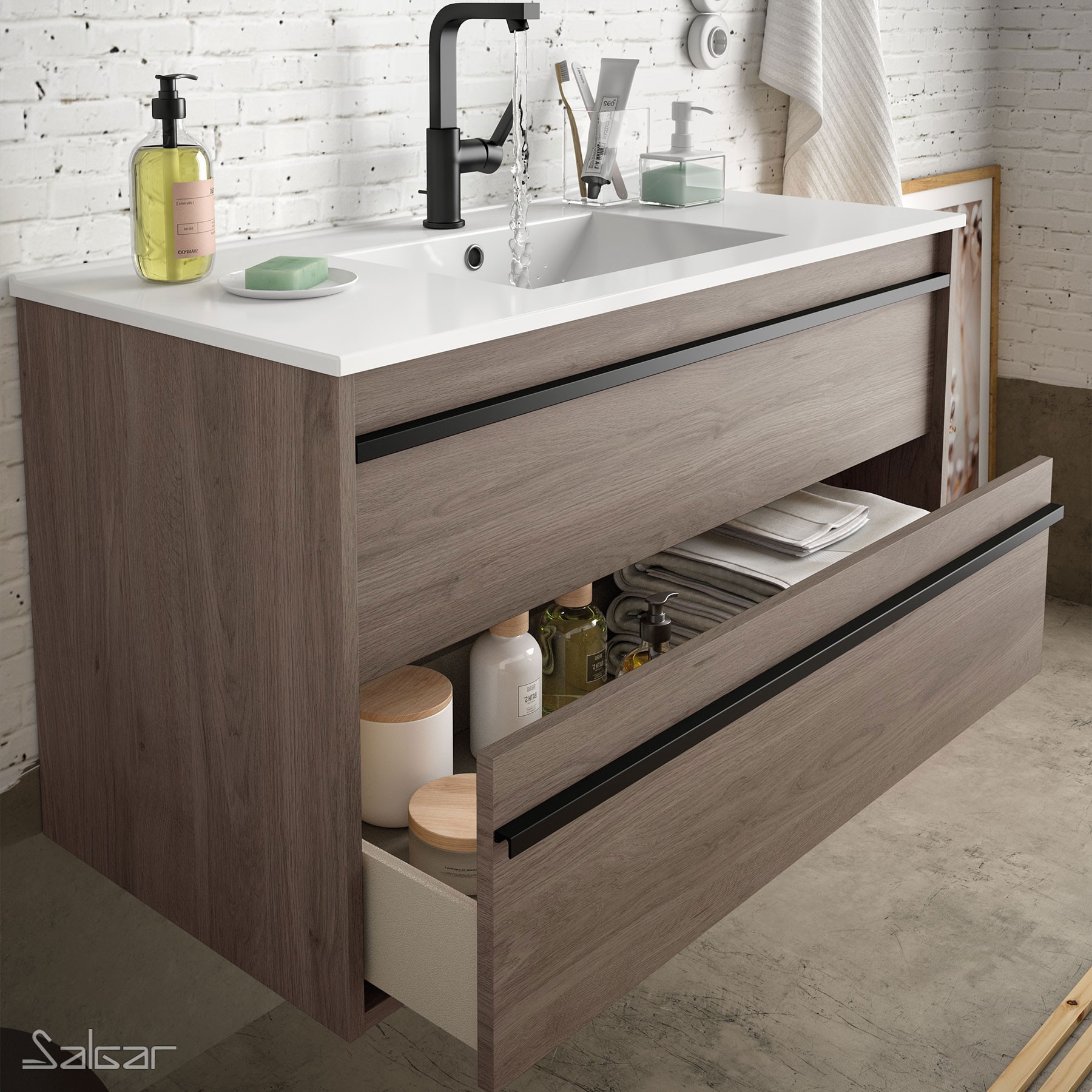 84946 SALGAR Комплект мебели для ванной ATTILA 800 ETERNITY OAK + Раковина + Зеркало + Свет Робл Вечность - Вид №1