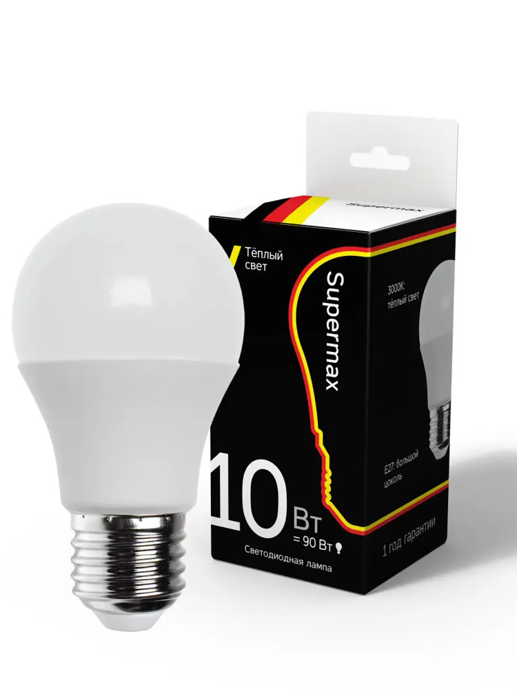90717803 Лампа светодиодная SUPERMAX Sup_LED10wA60E2730 E27 220-230 В 10 Вт груша матовая 800 Лм теплый белый свет STLM-0352514