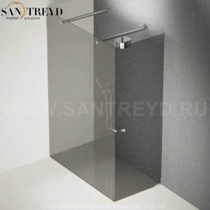 Душевое ограждение FLAT D подрезаемое, стеклянная с дверью дымчатая перегородка с 2-мя держателями со встроенным соплом для установки верхнего душа с поддоном из стали. Размеры: глубина от 70 до 100 см, длина от 140 до 160 см