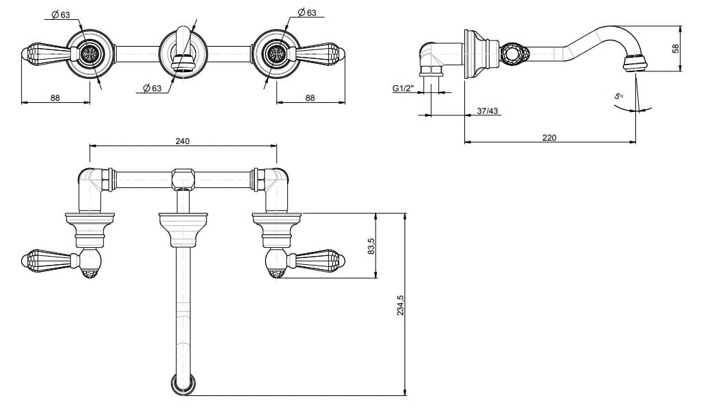 Настенный смеситель для раковины с отдельными розетками без слива Rubinetterie Frattini Lybra M Style ARCH-00082918 - Вид №7