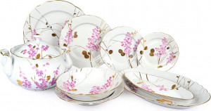 10634511 Дулевский фарфор Сервиз столовый 6/29 "Аппетитный" "Розовая ветка" (с вазой для супа) Фарфор