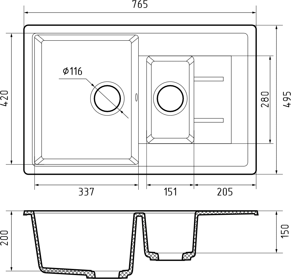 Кухонная мойка Искусственный камень QUADRO S300 GranFest Q-775KL-S300 - Вид №1