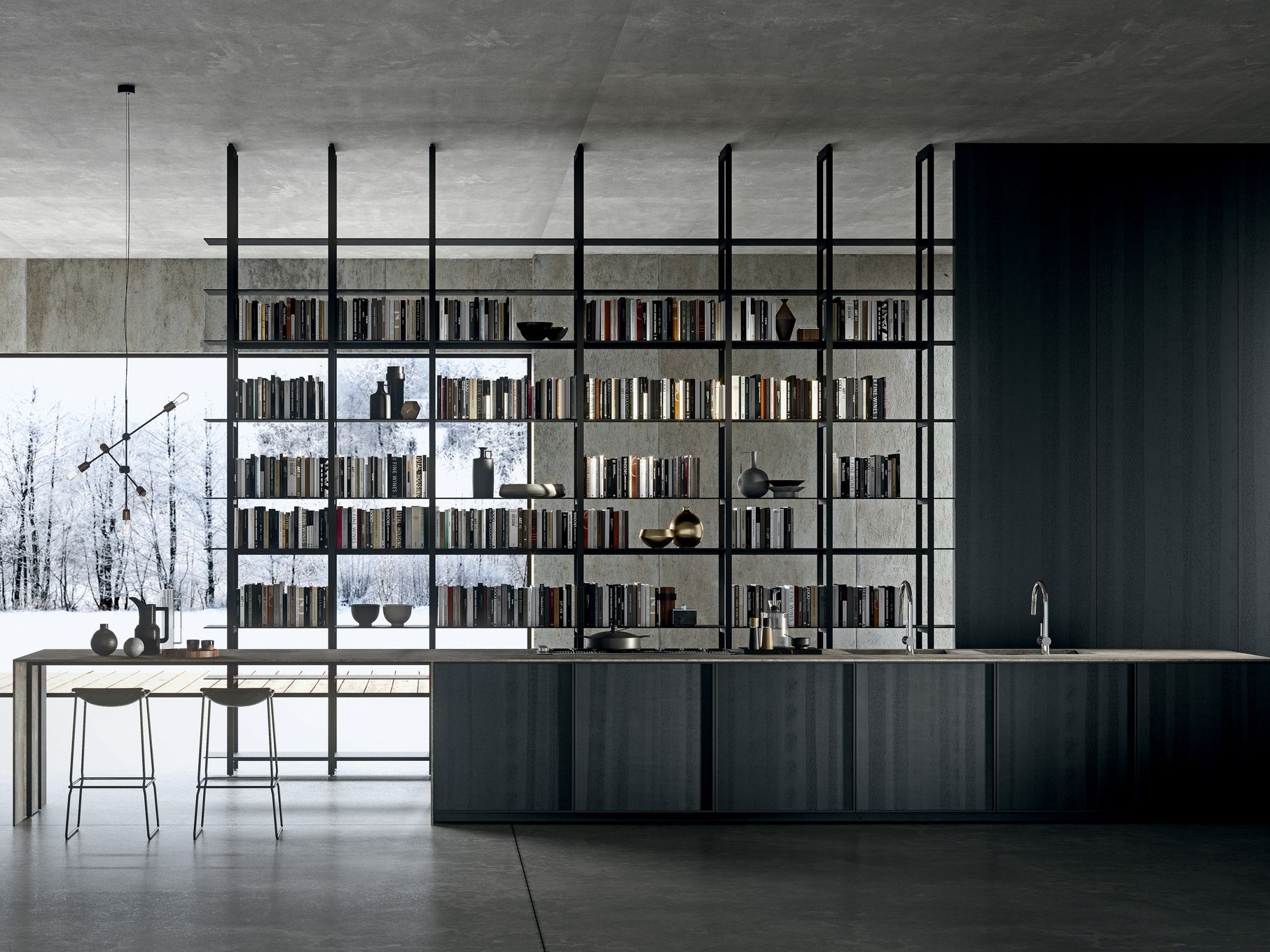 Линейная кухня из керамогранита с островом MODULNOVA Frame ARCH-00013551