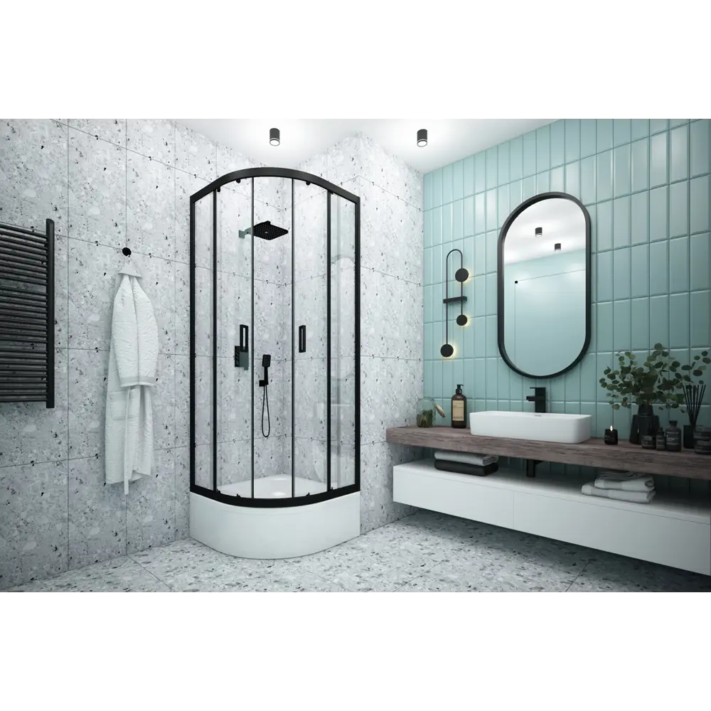 МЕТАКАМ Душевой уголок черный с прозрачным стеклом 80×80 см 89361545 Полукруг STLM-1444122 - Вид №9