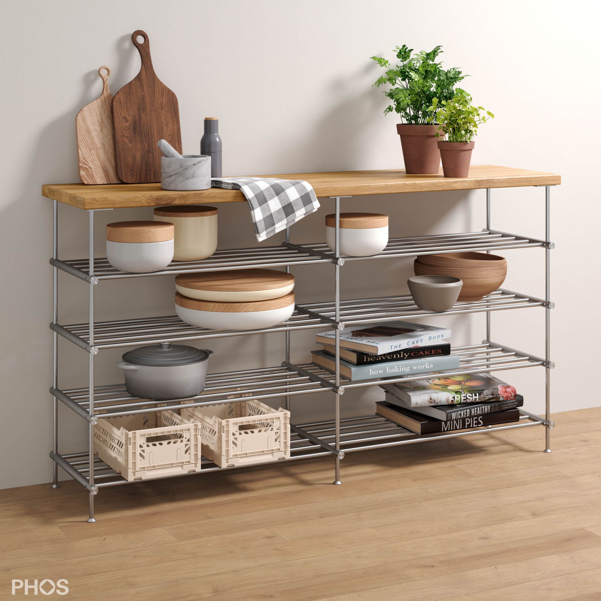 SBS1400-4-Eiche Сервант с дубовыми полками, 2 секции, 4 уровня, ширина 145 см PHOS 