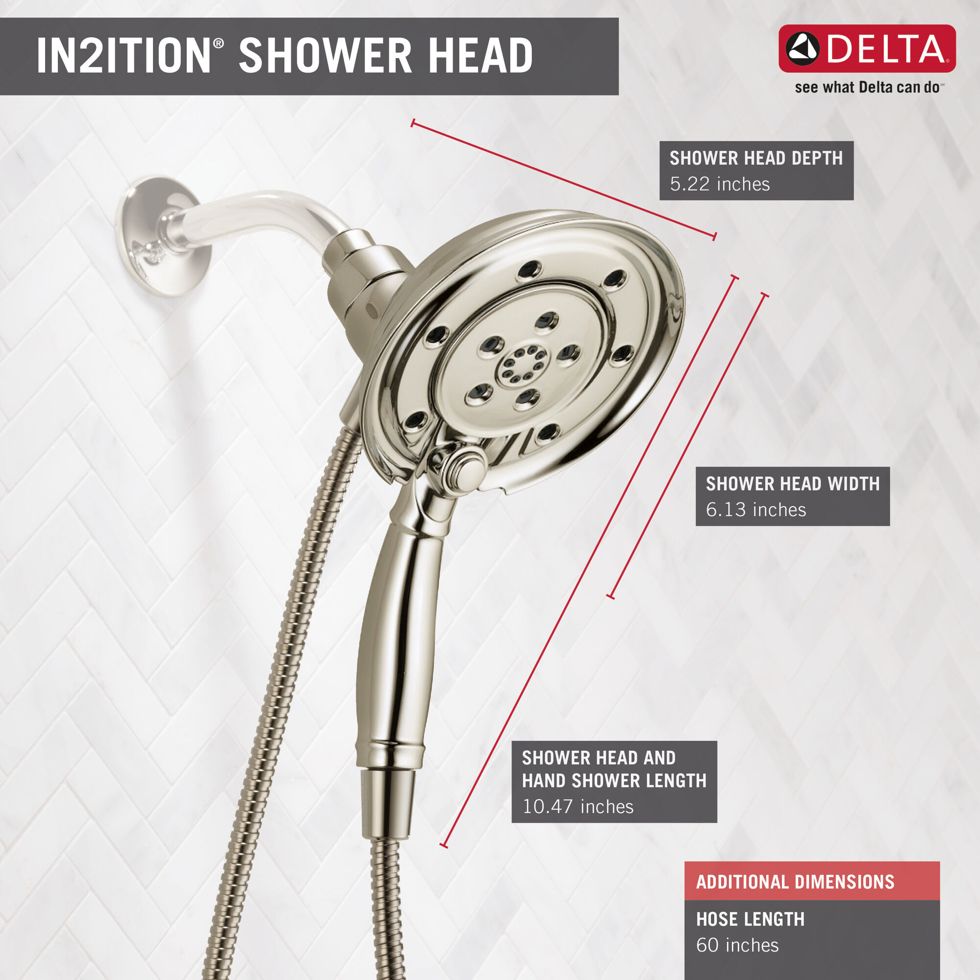 58471-PN-PK H2Okinetic® In2ition® Душ два в одном с 4 настройками Delta Faucet Universal Showering Полированный никель  - Вид №1