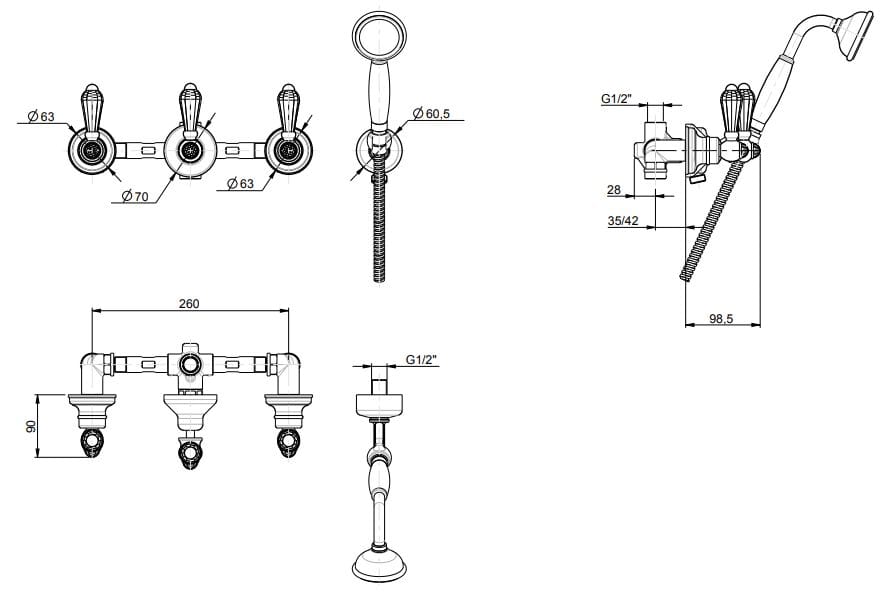 4 отверстия утопленный смеситель для ванны с ручным душем Rubinetterie Frattini Lybra M Style ARCH-00133658 - Вид №4
