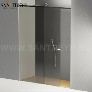 Душевое ограждение FLAT D подрезаемое, стеклянная нишевая с подвижной дверью дымчатая перегородка с держателем и встроенным душем с поддоном из светлого дуба. Размеры: глубина от 70 до 100 см, длина от 180 до 240 см