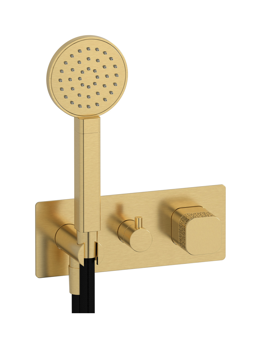 Прогрессивный настенный смеситель для душа на 3 потребителя со встроенным душевым гарнитуром. WE ARE IB eo314os_2 Brushed Gold Elio