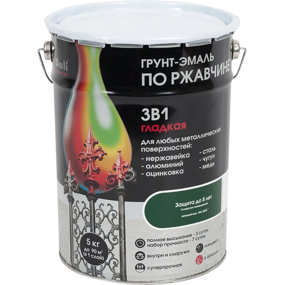 Грунт эмаль по ржавчине 3 в 1 гладкая Dali Special цвет зеленый мох 5 кг STLM-2042753