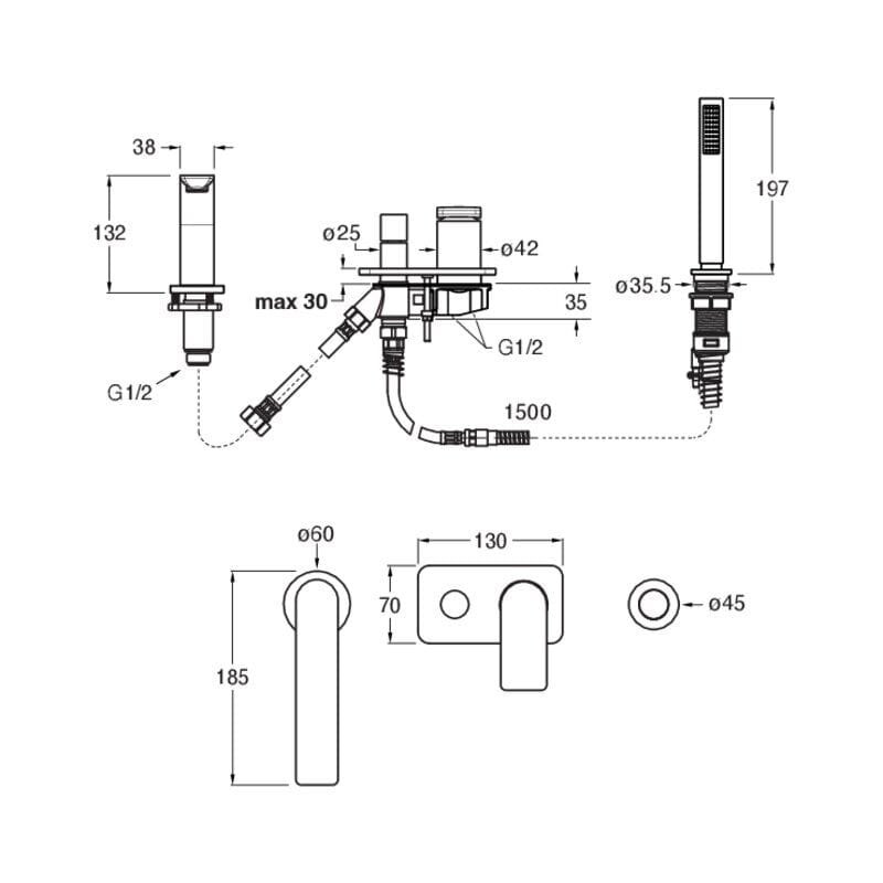 Набор для ванны с 4 отверстиями и ручным душем CRISTINA Rubinetterie Blade ARCH-00066264 - Вид №2