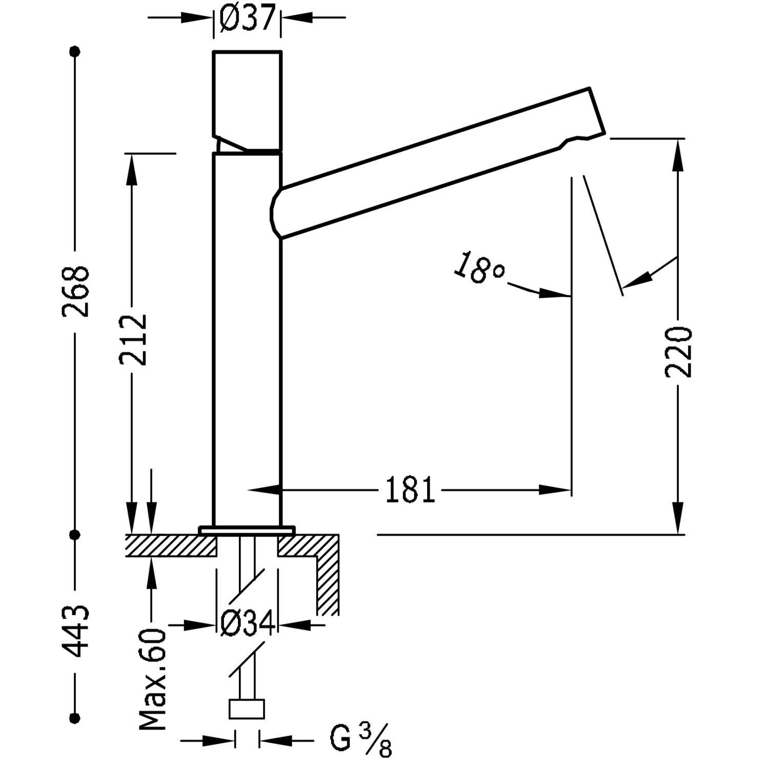 МАКСИМАЛЬНО высокий смеситель для умывальника с одной ручкой-06120601 TRES  - Вид №1