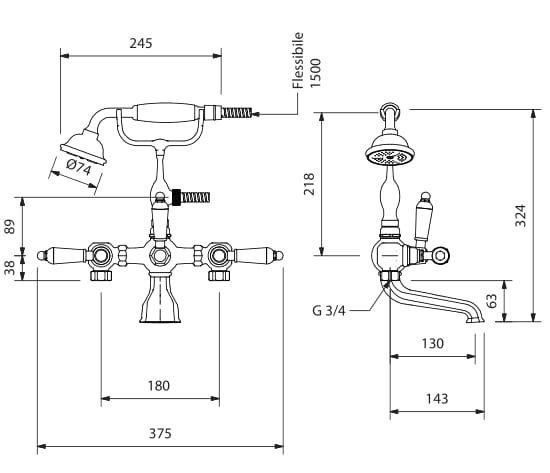 Смеситель для ванны с 2 отверстиями с ручным душем Park Avenue Caruso ARCH-00058198 - Вид №3
