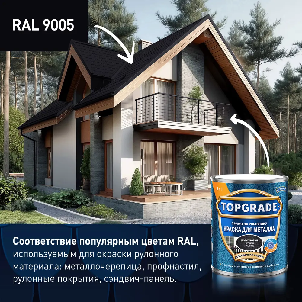 Грунт-эмаль по металлу 3 в 1 Topgrade молотковая цвет черный 0.75 л STLM-2114883 - Вид №6