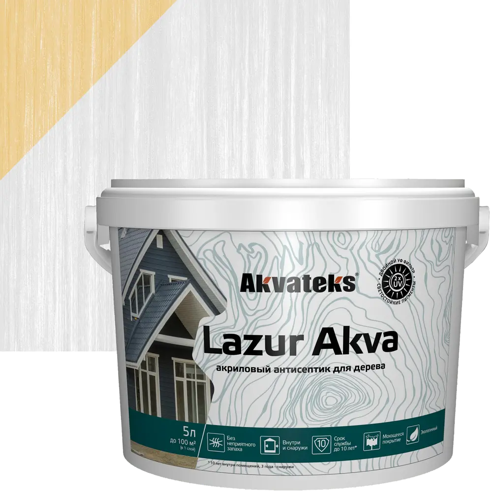 86364480 Лак-антисептик Akvateks Lazur Akva акриловый полуглянцевый белый 5 л STLM-0857449