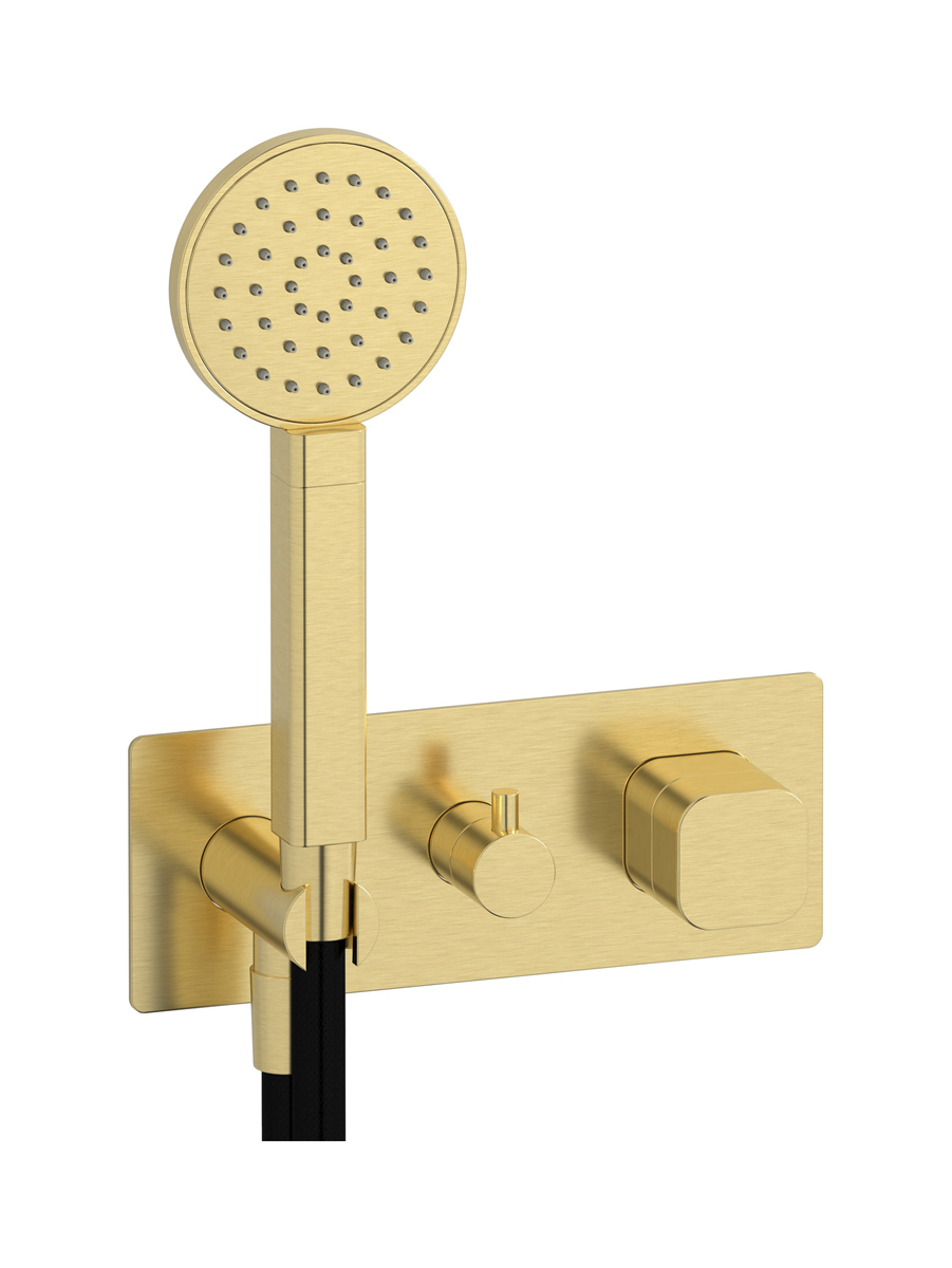 Прогрессивный настенный смеситель для душа на 2 потребителя со встроенным душевым гарнитуром. WE ARE IB eo313is_1 Brushed Pale Gold Elio