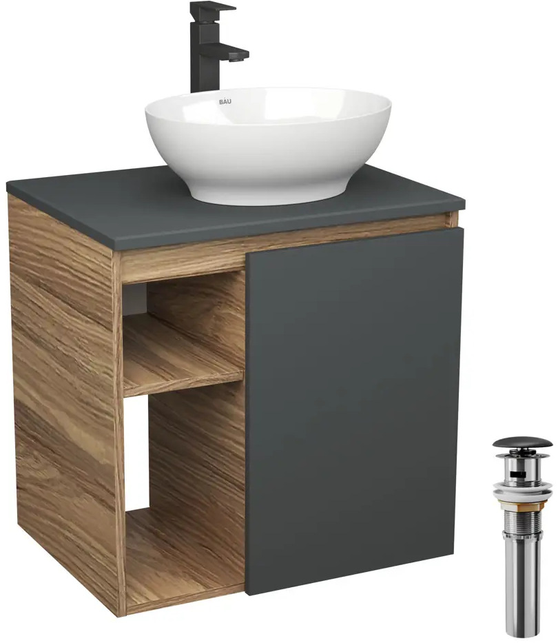 91776953 Тумба Bauedge Bau Dream Blackwood 60 правая SD4278, графит, раковина BAU Nimb 41х33, смеситель для раковины высокий Hotel Black, черный, выпуск клик клак, черный STLM-0991312