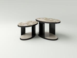 Овальный журнальный столик из дуба, стали и камня