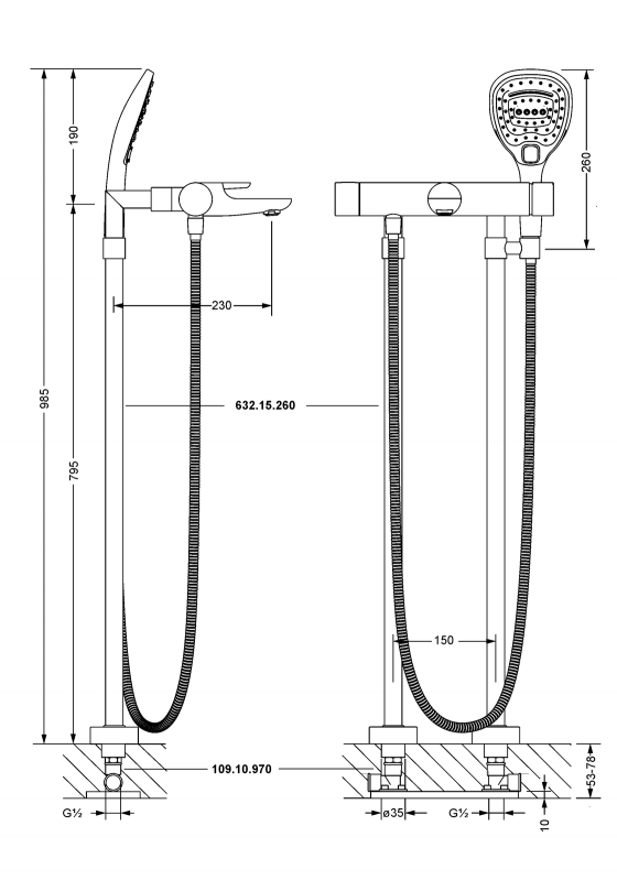 Смеситель для ванны ½" с душевым гарнитуром напольный JOERGER Exalновинка 632.20.540.000 - Вид №1