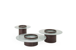 Низкий круглый журнальный столик из кожи и матового стекла