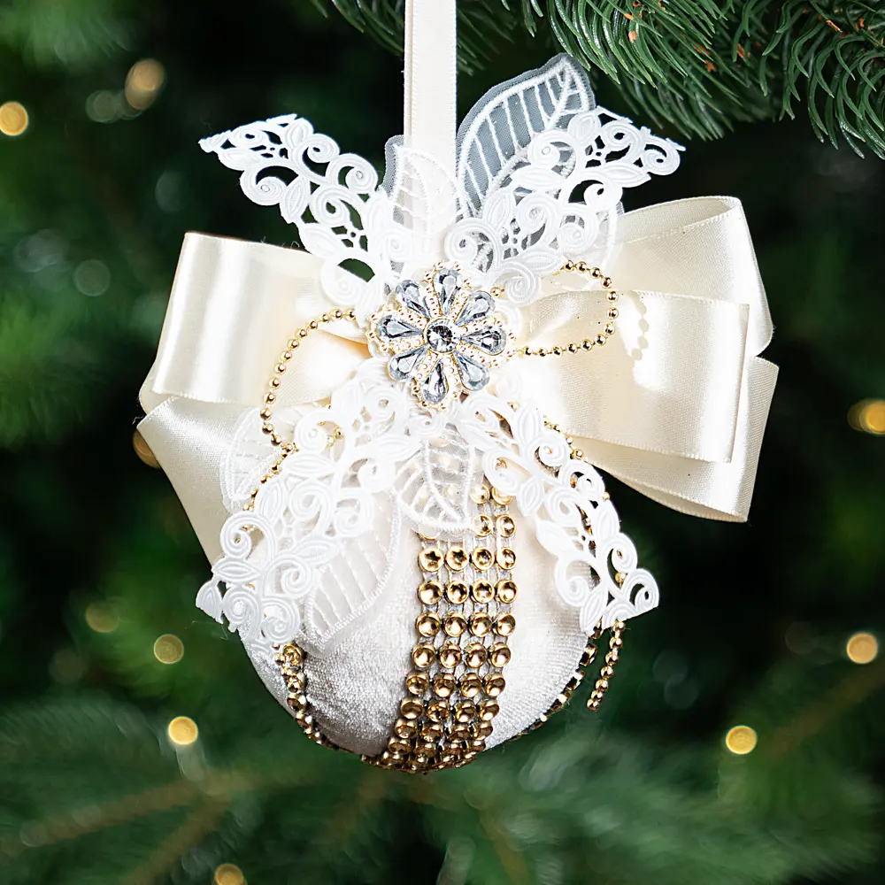 Елочный шар KREAFORTA с бантом, ø13 см, шампань с блестками 89420655 STLM-1582307