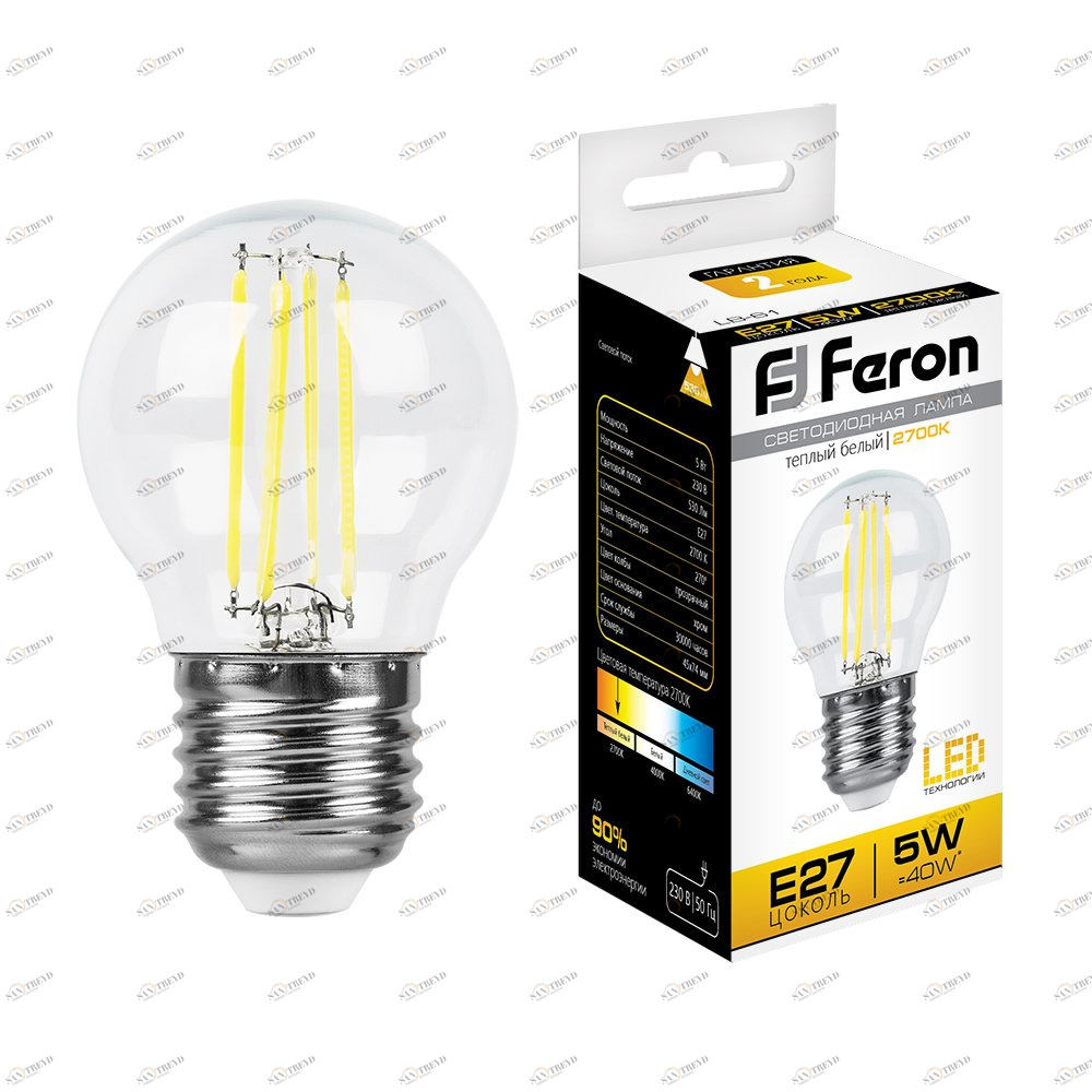 Лампа светодиодная Feron "Шарик" E27 5W 2700K LB-61 25581 FERON  00-3956779 Прозрачный 