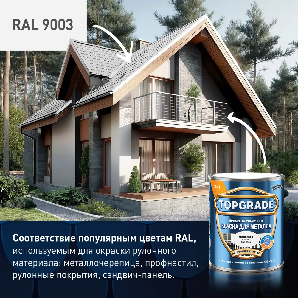 Грунт-эмаль по металлу 3 в 1 Topgrade гладкая цвет белый 0.75 л 89442711 STLM-2015433  - Вид №4