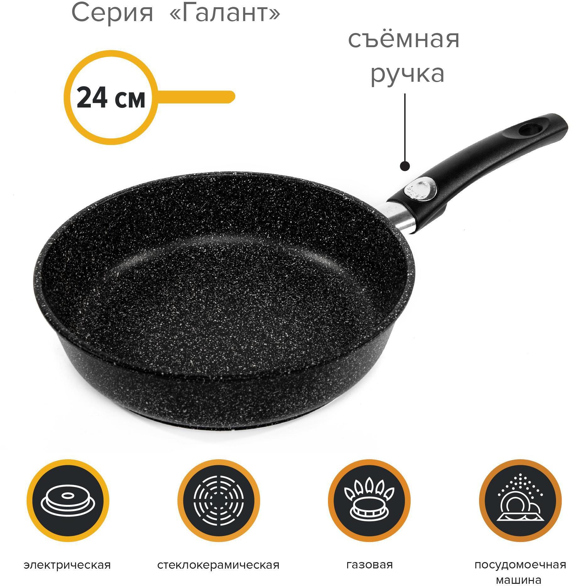 91251163 Сковорода а/п литая 24 см Галант съемная ручка черный гранит арт.02-0024-1 STLM-0521677 КАТЮША