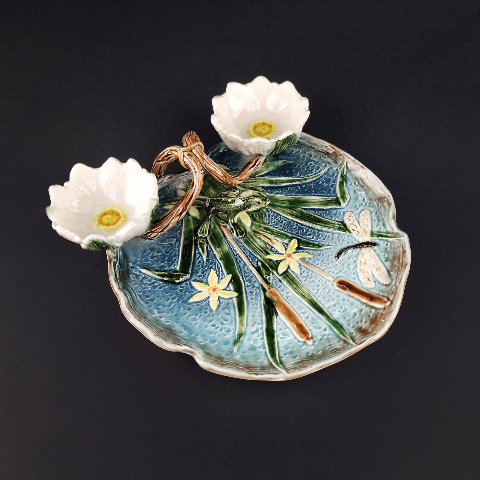 Блюдо для закусок (с двумя кувшинками) Бирюза/Салатовый PROVANSFAIENCE sun-id-994771 - Вид №1