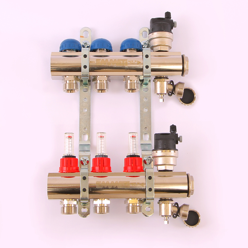 Коллекторная группа TOPWAY с термостатическими вентилями и расходомерами с резьбой под евроконус EMMETI 1"x3/4"ЕК 3 выхода 01298212