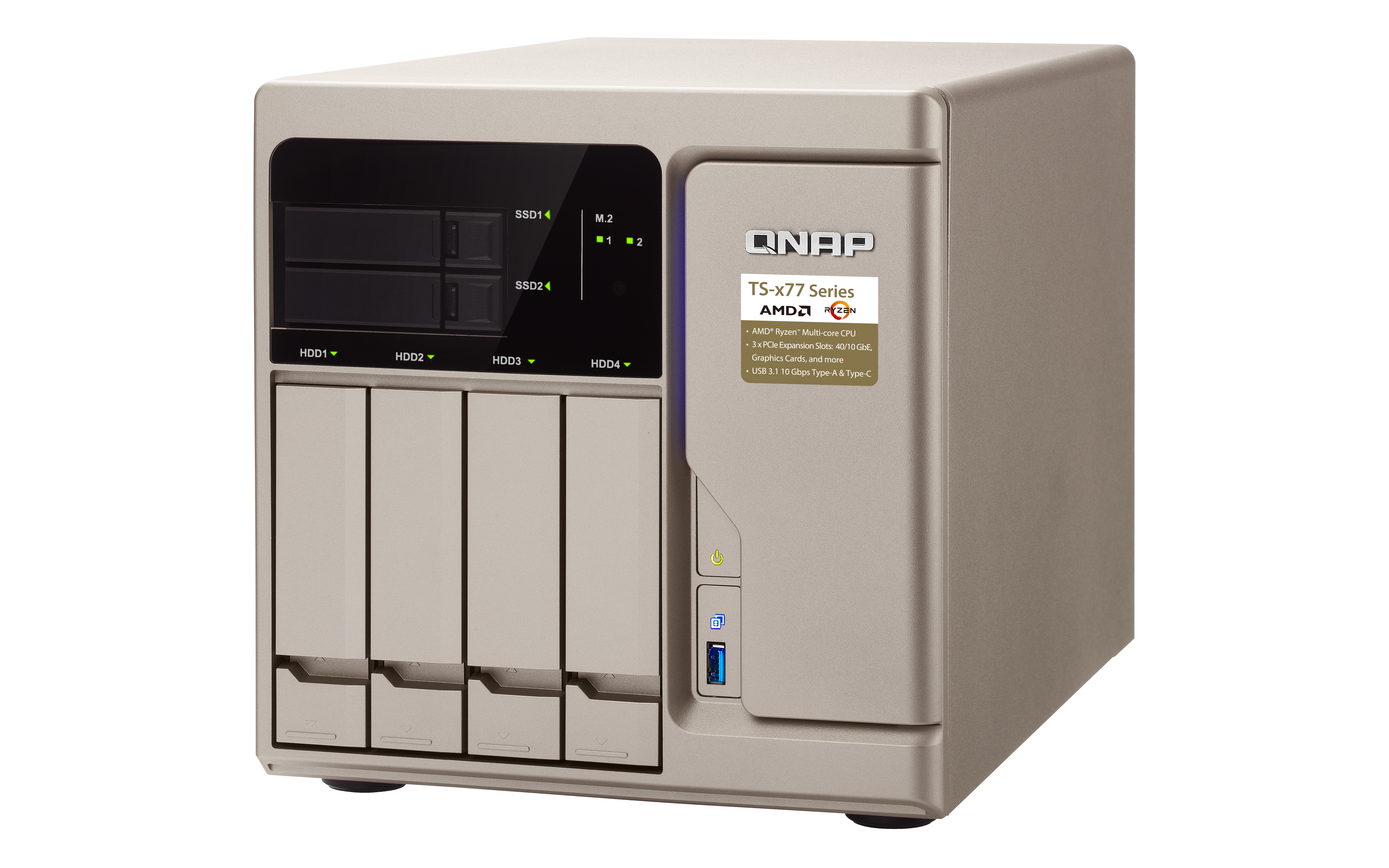 TS-677-1600-8G Enterprise 6-bay nas (4x 2.5"/3.5" sata hdd/ssd + 2x 2.5" sata ssd + 2x m.2 sata ssd slot), amd ryzen 5 1600 6-core/12-thread 3.2 ghz (up to 3.6 ghz), 8gb ddr4 ram (2 x 4 gb) up to 64gb ram(4 x 16 gb), 4xgbe lan QNAP Santreyd  - Вид №4