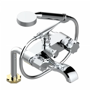 U2M-13G Смеситель для ванны/душа устанавливаемый на борту на два отверстия с душем и шлангом - 150 мм между центрами Thg-paris Nihal metal Хром-золото