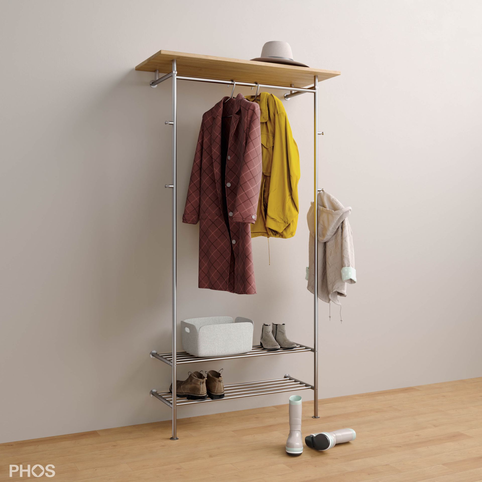 GL2-Eiche-SR600 Шкаф для прихожей с деревянной полкой и двухъярусными полками для обуви PHOS 