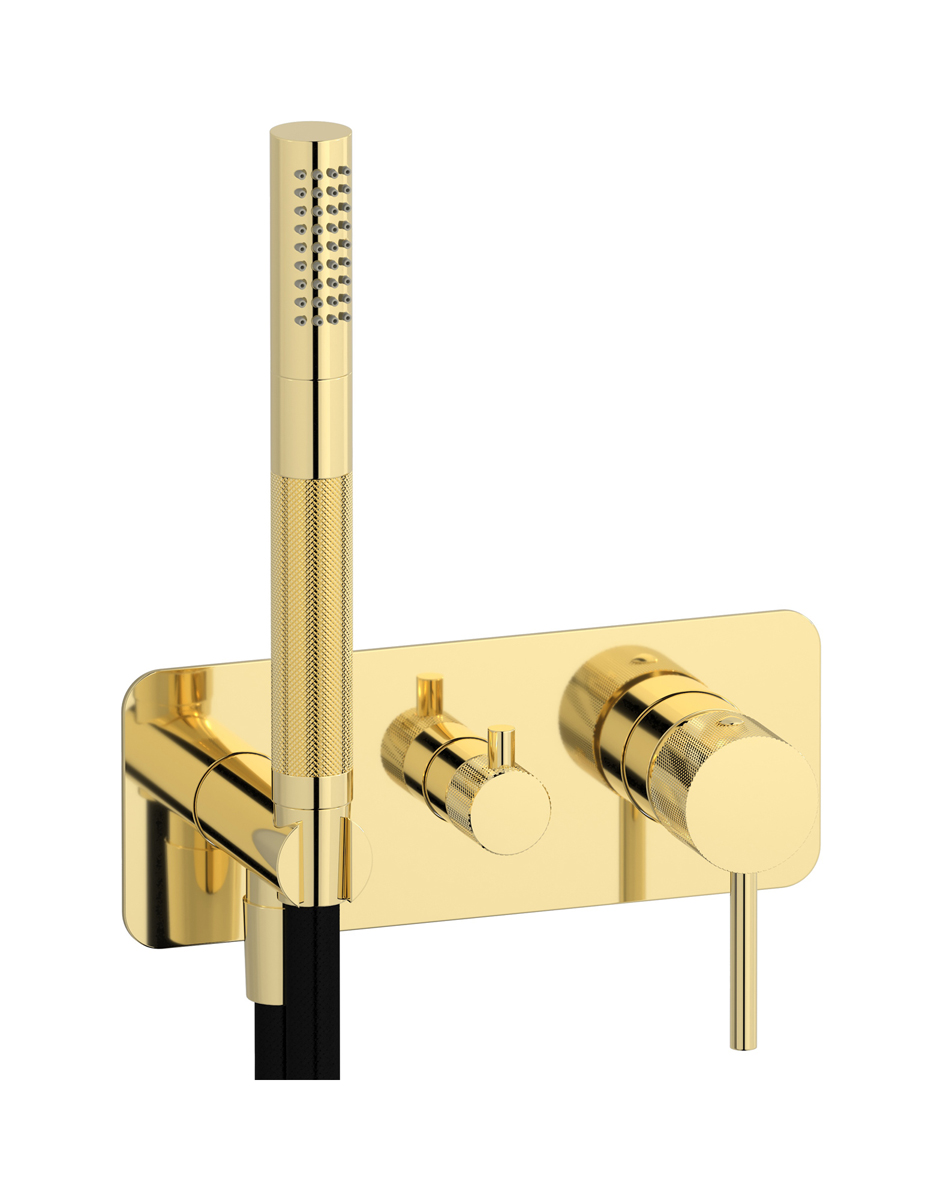 Внешние части встроенного в стену смесителя на 3 потребителя в комплекте с душевым гарнитуром. WE ARE IB id314ii Pale Gold Industria