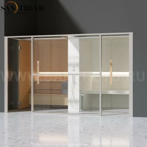 Effegibi LOGICAFILO LO11020006 Комбинированная баня: хаммам и сауна. Установка: в нишу. Мощность: 10,5 кВт макс. Размеры: длина 373 см, ширина 250 см. Отделка: канадский хемлок, матовый лакированный белый аллюминий и серый ламинат из керамогранита.