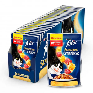 ПР0054771*24 Корм для кошек Sensations Супервкус говядина и сыр, в желе, пауч 75 г (упаковка - 24 шт) FELIX