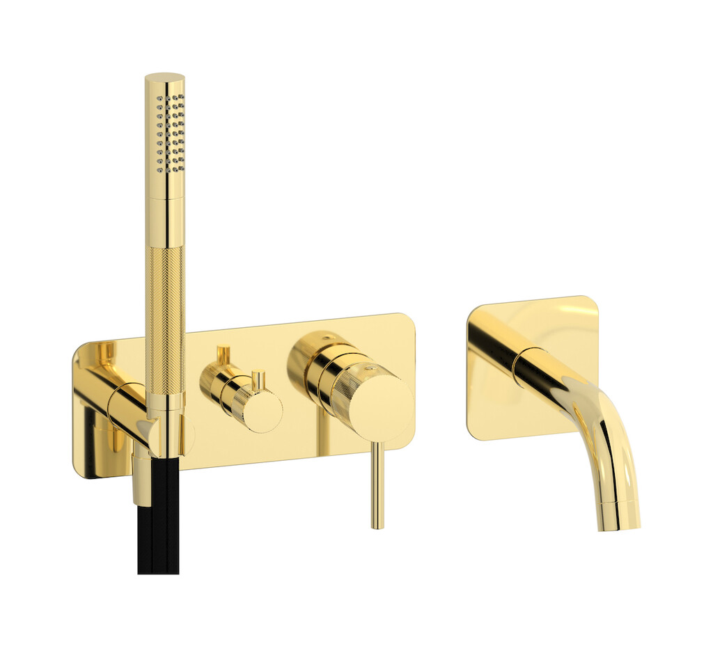 Настенный смеситель для ванной на 5 отверстий с дивертером и душевым гарнитуром. WE ARE IB id398ii Pale Gold Industria